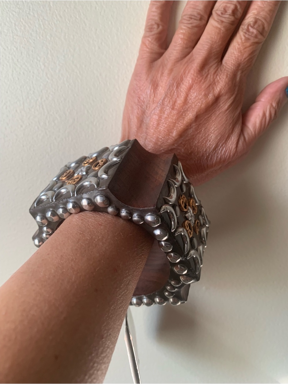 Wide Silver-Tone and Wood Statement Cuff Bracelet
